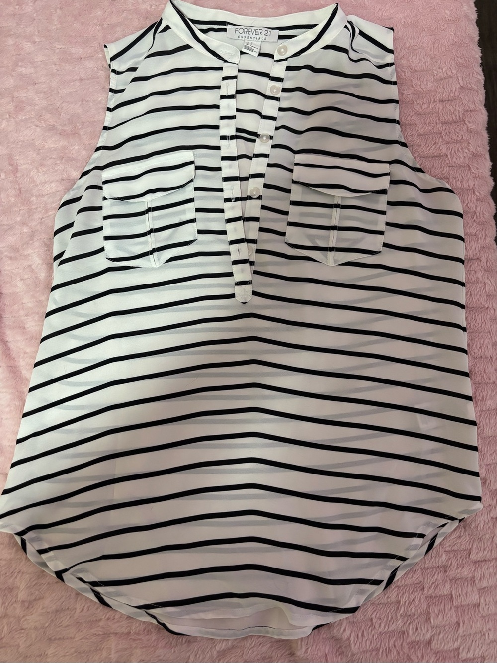 Forever 21 White and Black Striped Sleeveless Henley Blouse